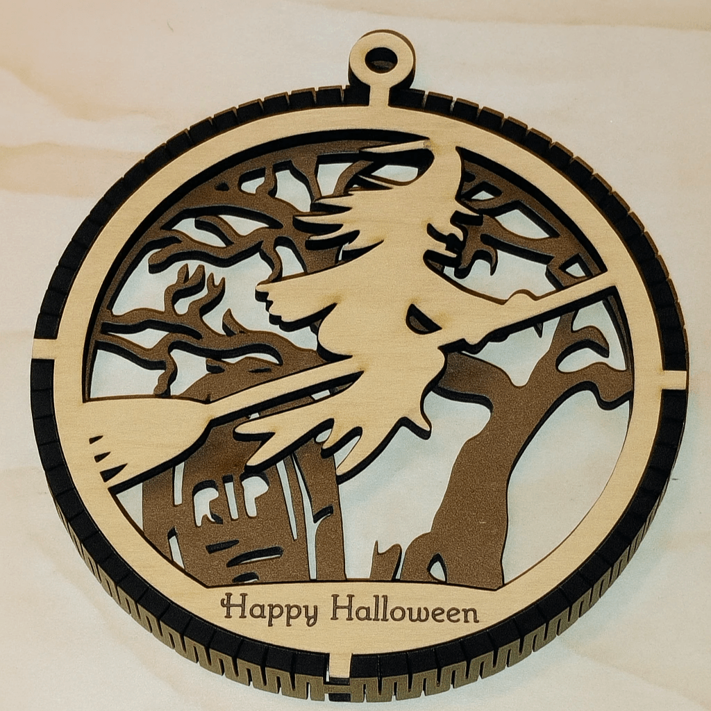 2 Layered Halloween Witch flying through the trees Keepsake/Ornament (Double Sided)