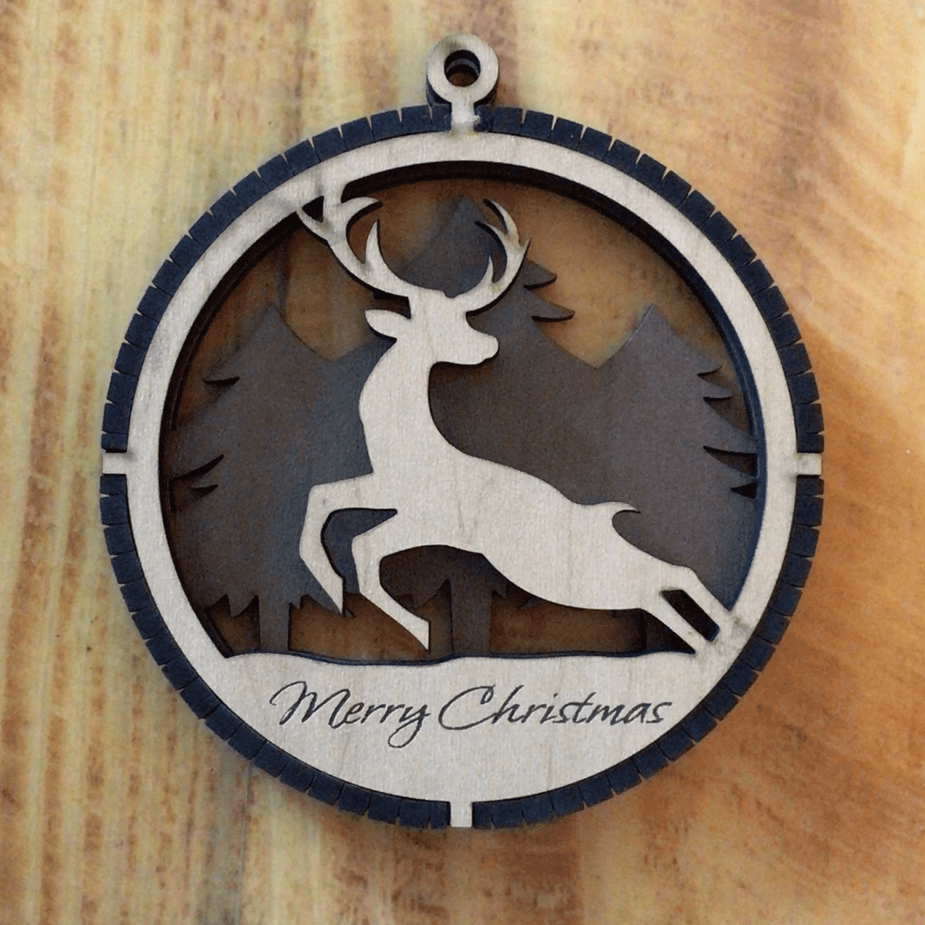 2 Layered Deer Laser Engraved Wood Ornament- "Merry Christmas"